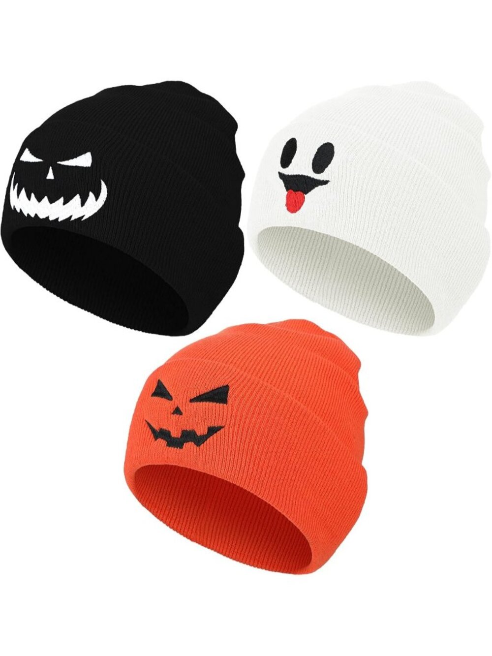 🎃Women's Multi 3 Pcs Halloween Beanie Hat Pumpkin Ghost Skull Slouchy Knit Cap